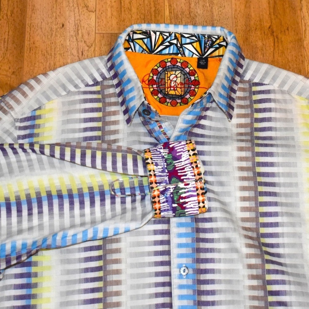 Robert Graham Button Down Mens Large Multi Color Excellent Geometric Stripe LS